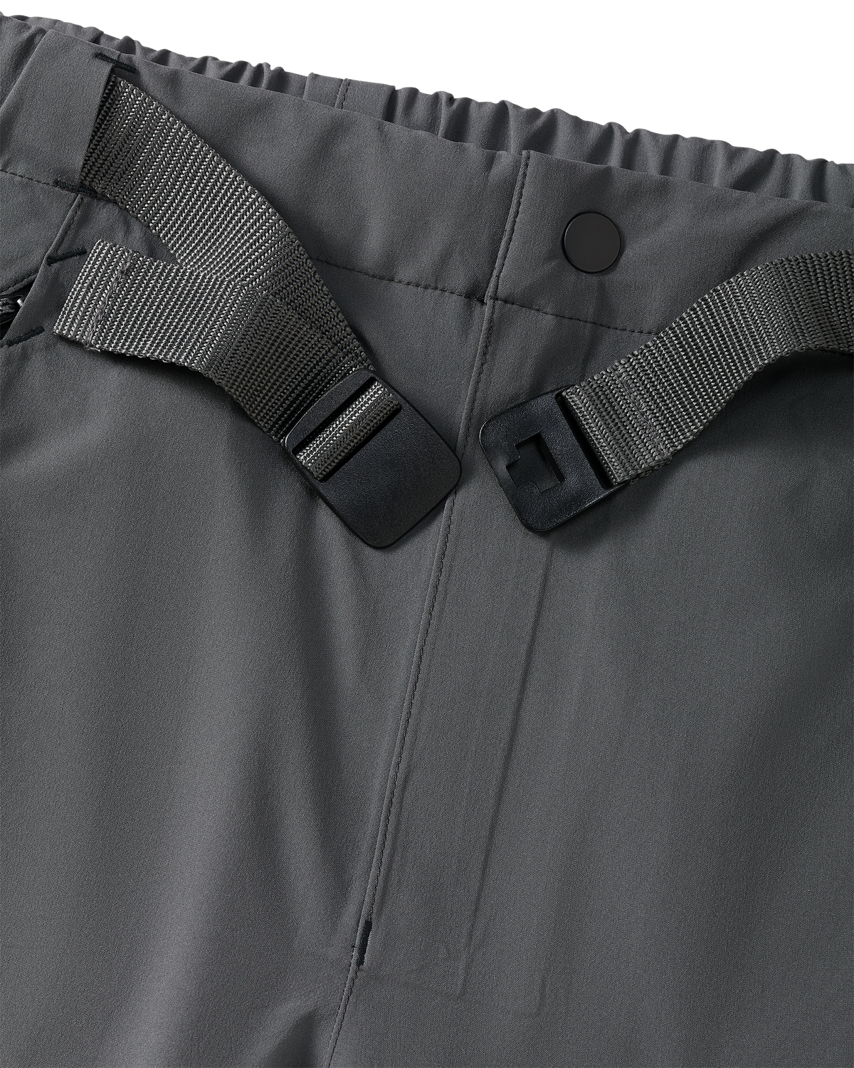 Front detail of integrated waist belt on Northridge Rain Pant in Gunmetal Grey