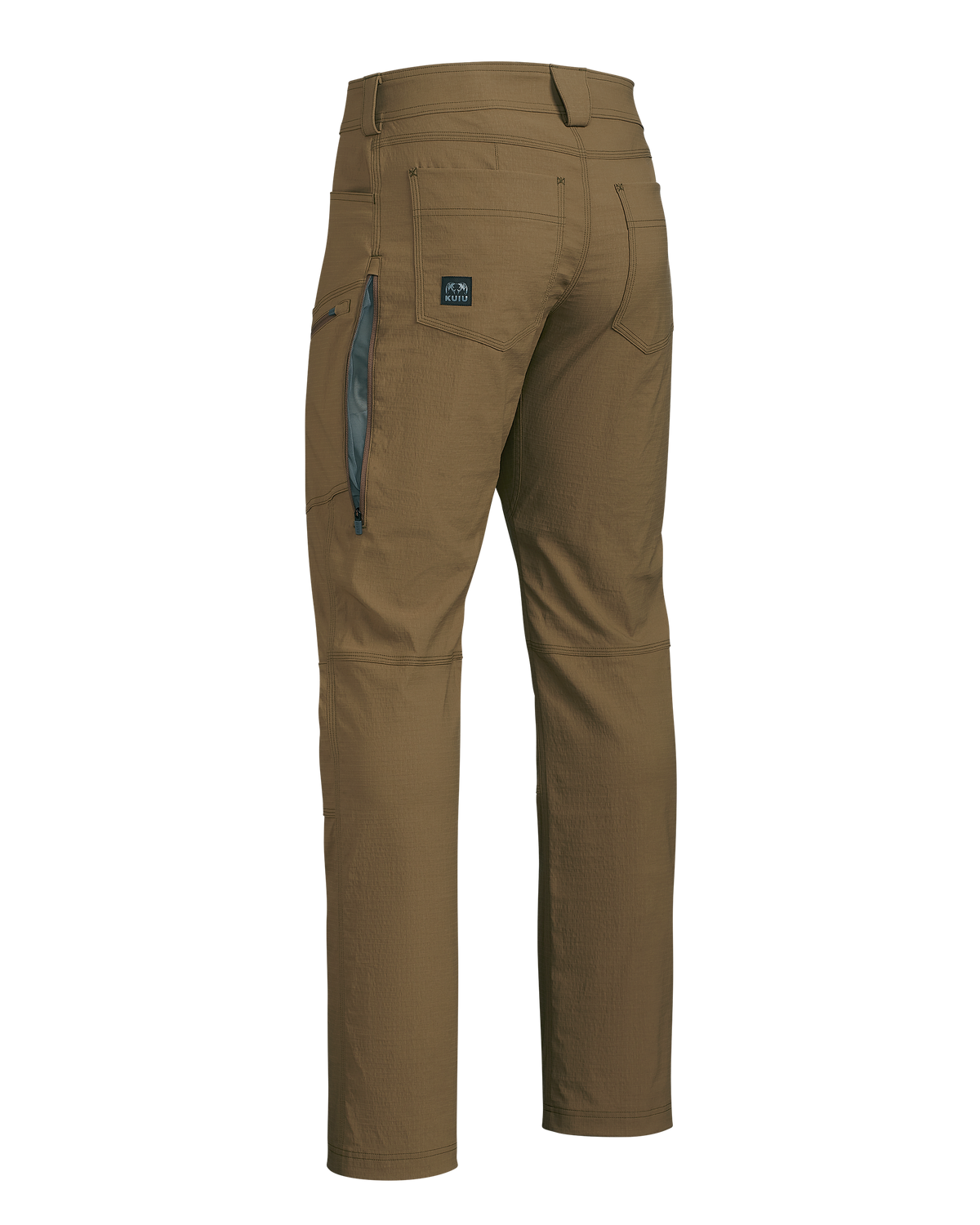 Back of Motive Workgrade Pant in Tobacco Brown, showing unzippered open hip vent