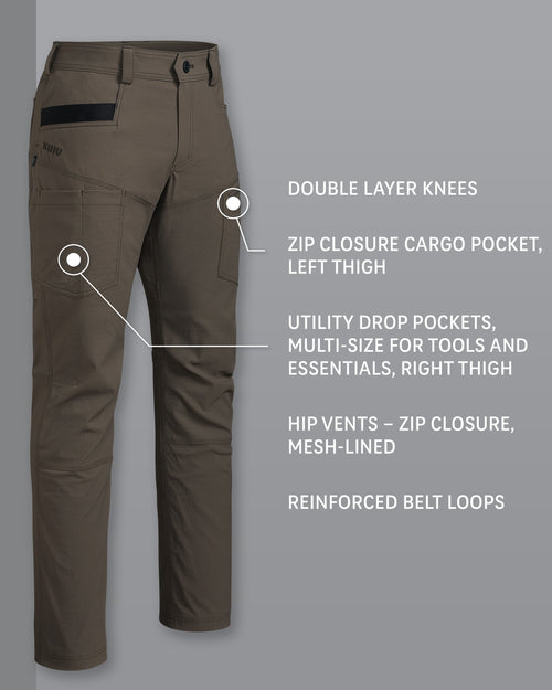 KUIU Motive Workgrade in Rodeo Brown , Highlighting Detail Callouts: Double Layer Knees, Zip Closure Cargo Pocket on Left Thigh, Utility Drop Pockets, Multi-Size For Tools and Essentials on Right Thigh, Mesh Lined Hip Vents and Zip Closure